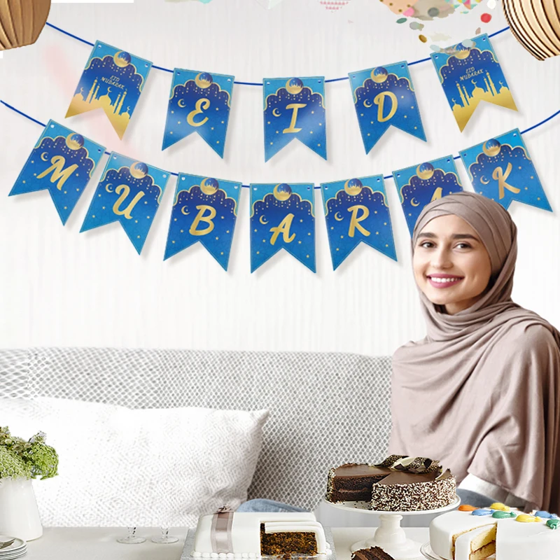 

EID Mubarak Banner Glitter Star Moon Letter Paper Bunting Garland Islamic Muslim Party Ramadan Kareem Decorations For Home