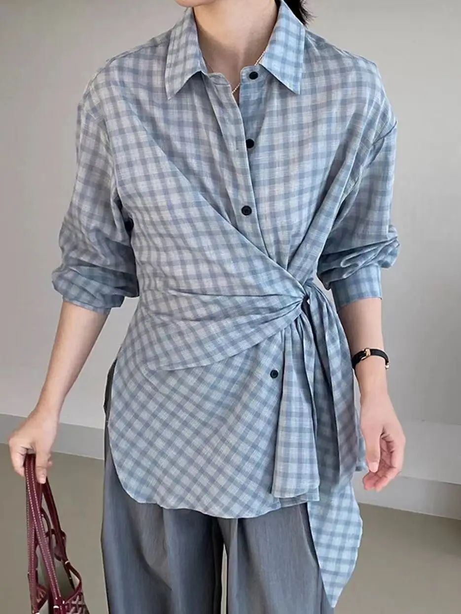 Дизайнерская рубашка в клетку с длинными рукавами стиле ретро затягивающая