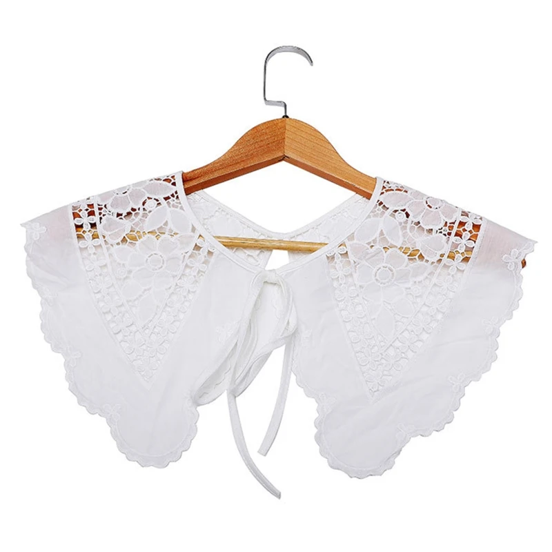 

Women Emboridery Floral Detachable Collar Hollow Out Dickey Collars Shawl Female Half Shirt Lace-Up Bowknot Scarf L21E