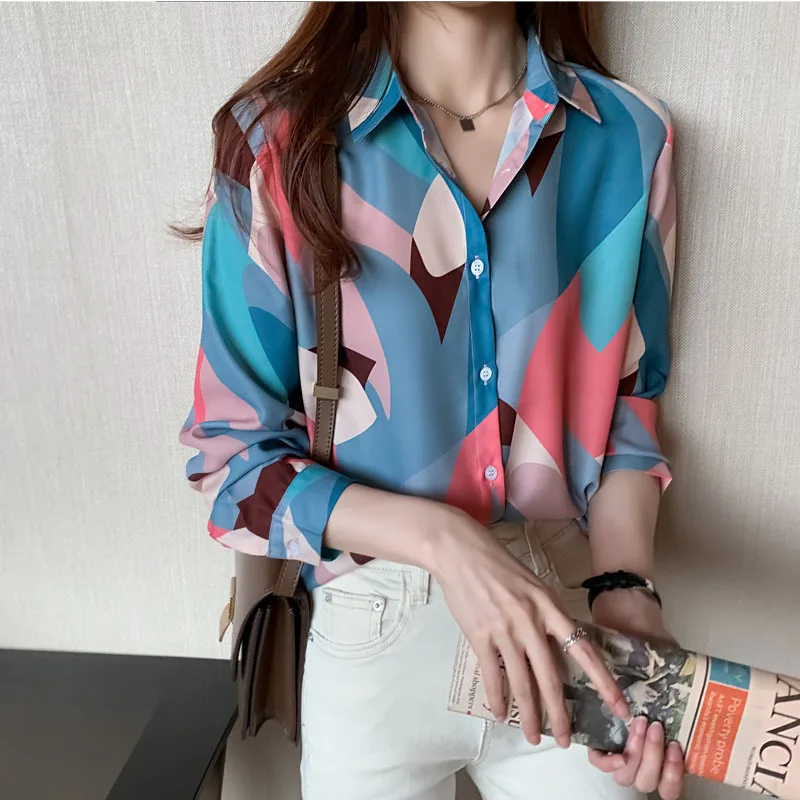 

Spring New Women's Dress Korean Edition Loose Fashionable Collar Printed Chiffon Top Cardigan Casual Long Sleeve Shirt Female
