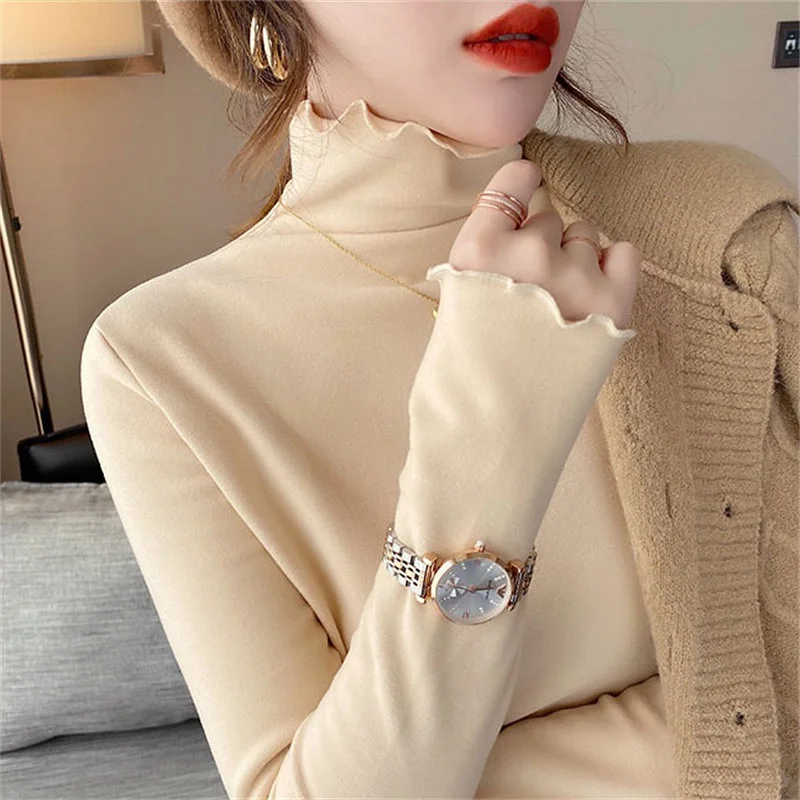 

#1698 Warm Bottomed Shirts For Women Long Sleeve Cotton Tshirts Ladies Casual Slim Tee Shirt Female Retro Korean Tops Femme