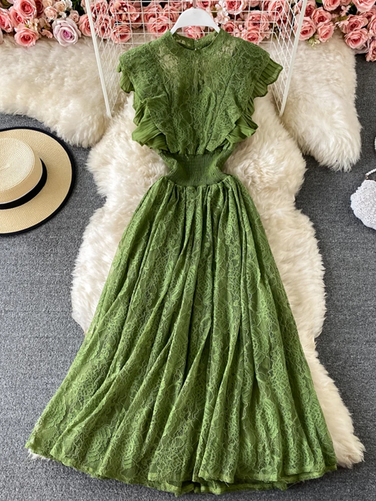 

FTLZZ New Summer Elegant Women O-neck Ruffled Midi Dress Office Lady A-line Dress Vintage Female Lace Hollow Out Solid Dress