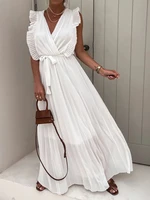 summer elegant solid pleated mesh dress office lady fashion tie up waist party dress women casual butterfly sleeve pleated dress