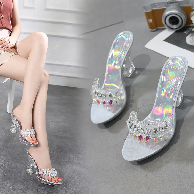 

High Quality Women Shoes Slippers Summer Transparent Crystal Model Catwalk Wedding Shoes High-heeled 9cm Wedges shoes