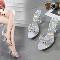 high quality women shoes slippers summer transparent crystal model catwalk wedding shoes high heeled 9cm wedges shoes