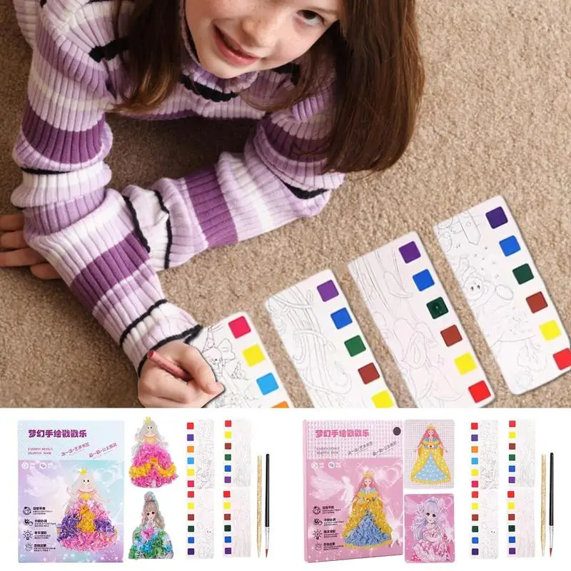 

Childhood Infinite Dream Hand-Painted Princess Dress-up 3D Watercoloring Book Set Travel Pocket Watercolor Kit Hand-Made