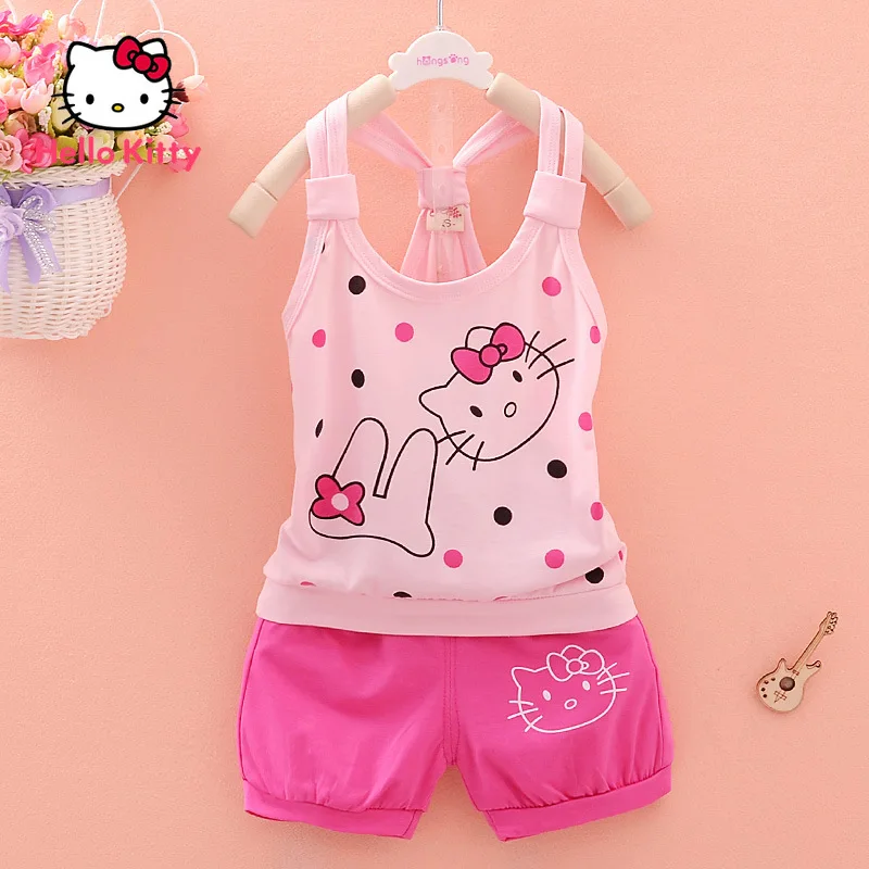 

Спортивный костюм Hello Kitty в горошек, хлопковая майка и шорты с мультяшным принтом, Красочный милый стильный комплект из 2 предметов, без рукав...