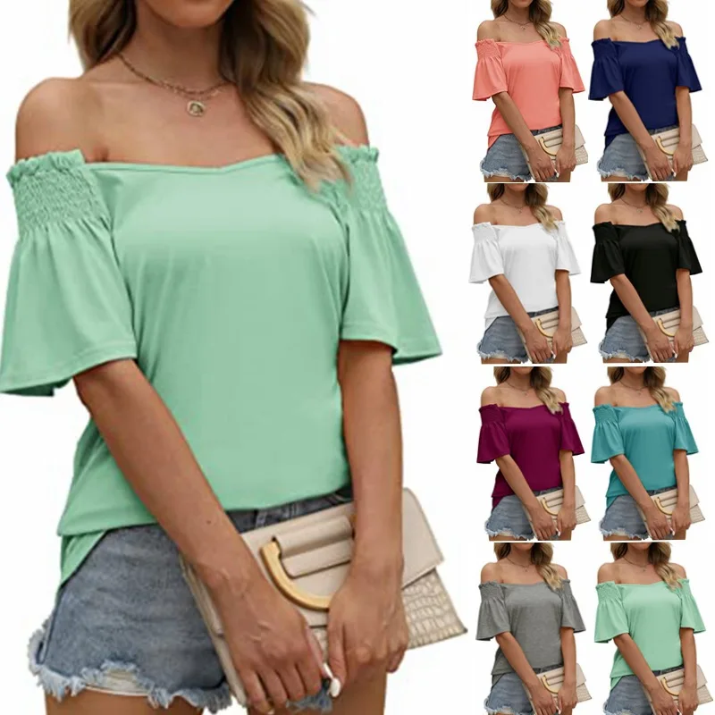 

2023 Summer New Fashion Solid Color V-Neck Slash Neck Short-Sleeve pleated T-Shirt Women's Pullover Casual Simple Fashion Tops