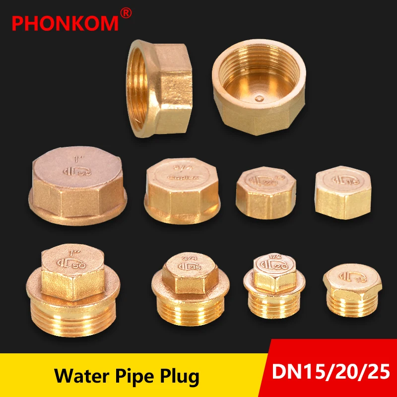 

PHONKOM Plumbing Plugs DN15 G1/2" Brass Pipe Fittings BSP DN20 G3/4" DN25 1" Water Pipe Plug Cap Copper Tube End Cap Male/Female