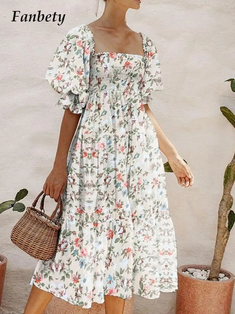 

Fashion Square Collar Puff Short Sleeve Dress Gentle Holiday Waist A-Line Beach Sundress Summer Women Floral Print Midi Dresses