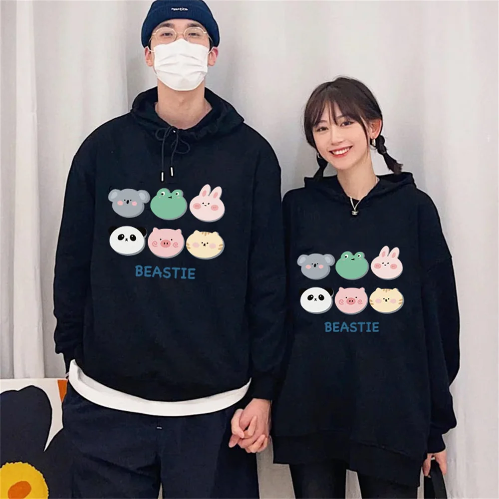 XIEHNASA Women's Cartoon Animal Avatar Graphic Print Hoodie Round Neck Cotton Couple Top Preppy Style Sport Pullovers Sweatshirt