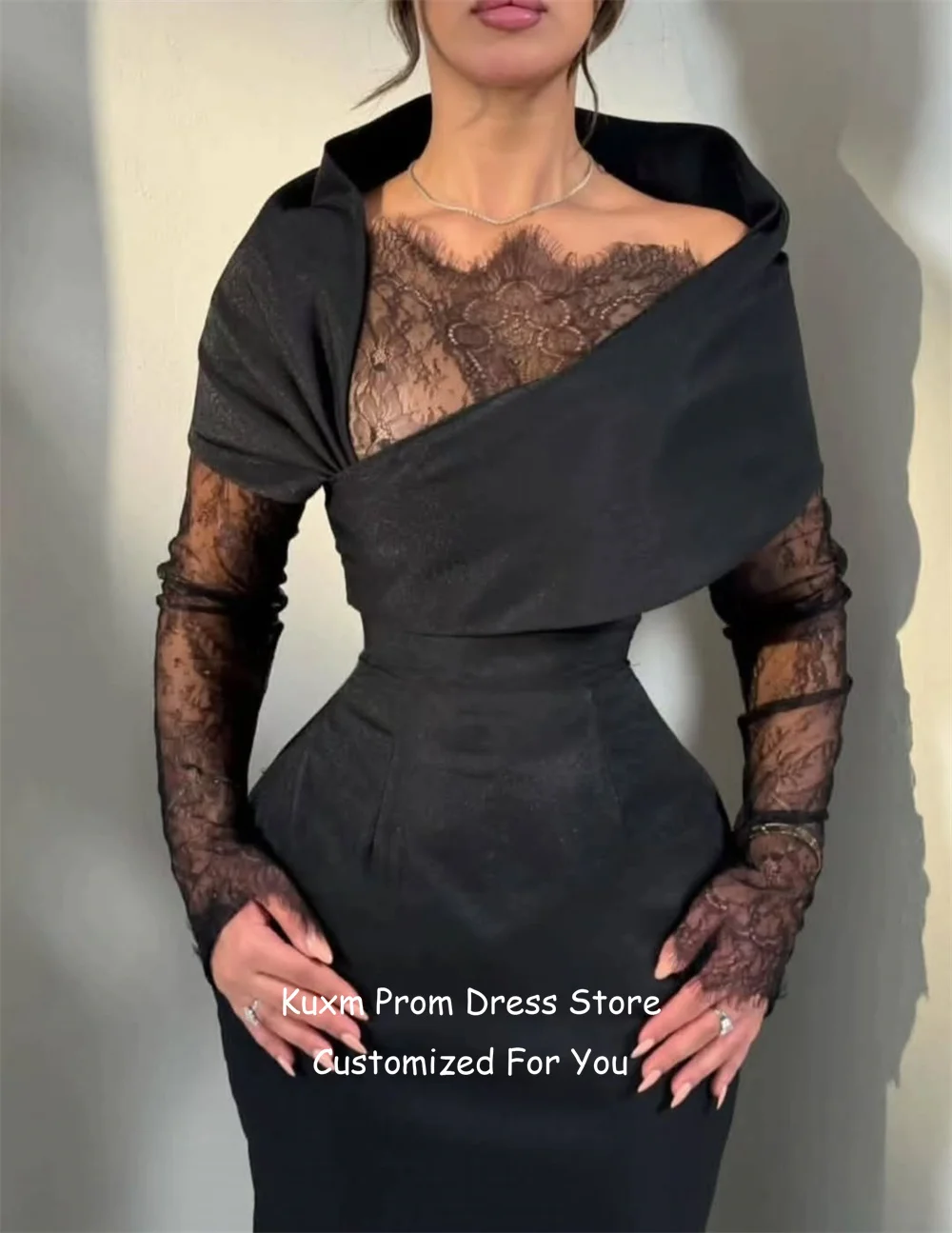 Фото Вечерние платья Kuxm Fashion из атласа, фасон «русалка», с длинными рукавами, кружевные, без бретелек, для выпускного вечера, с рукавами-крылышками, в пол, для вечеринок, на заказ №3