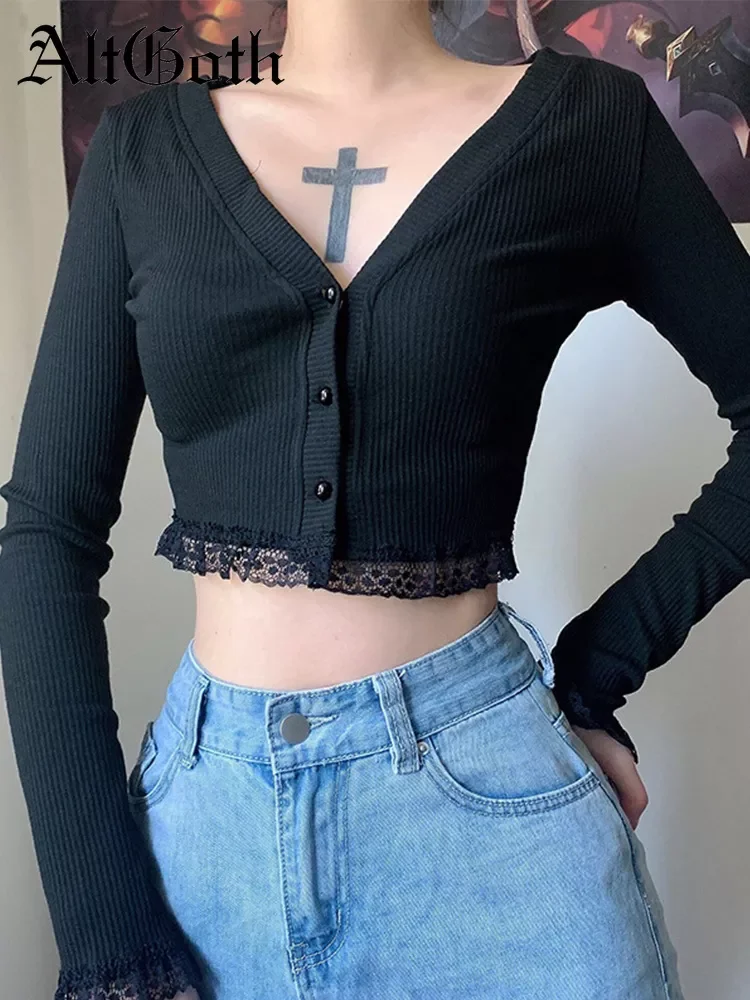 

AltGoth Gothic Dark Black Punk Sexy Lace Patchwork Knitted T-shirt Women Long Sleeve V-neck Slim Street Bottom Cardigan Female