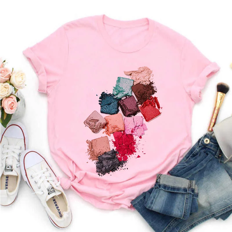 

Colorful Foundation Makeup Print T-shirt Women's Summer Harajuku Fun Pattern Pink T Shirt Top Casual Short Sleeve Tshirt