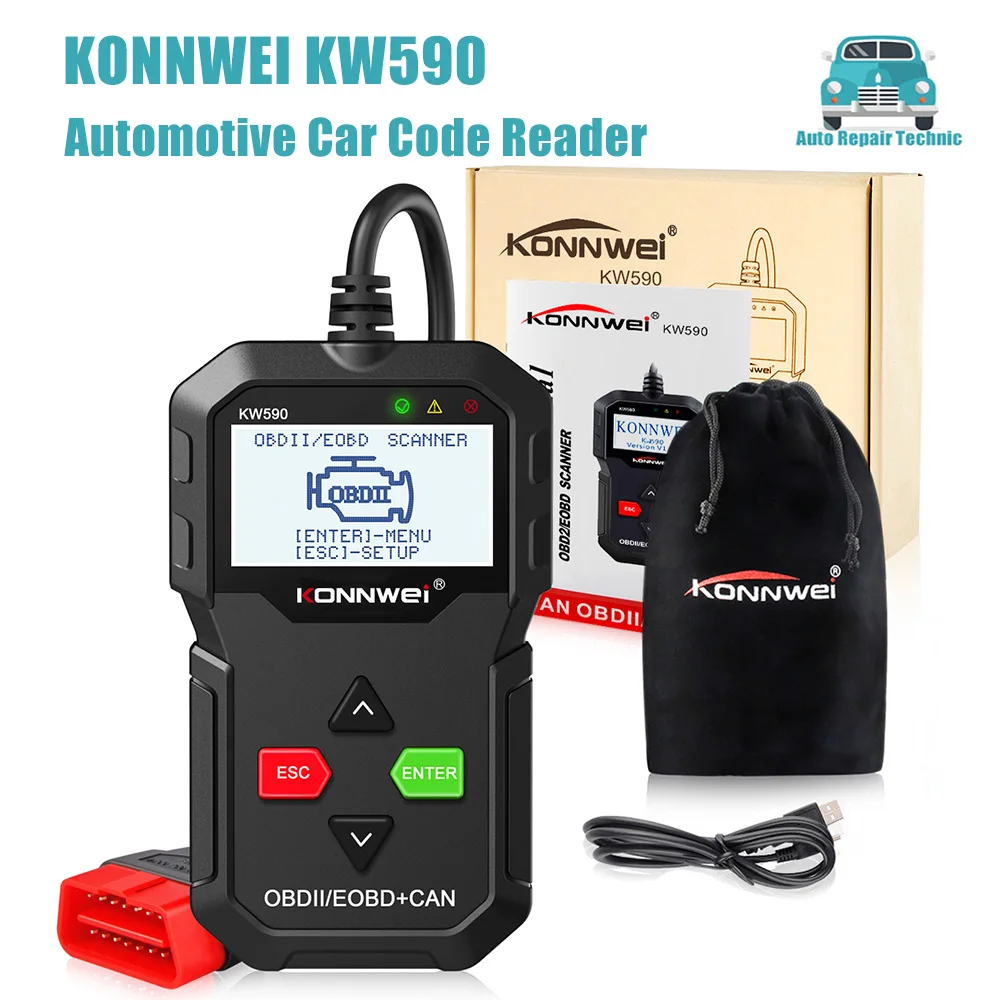 

Оригинальный Автомобильный считыватель кодов KONNWEI KW590 OBDII, Автомобильный сканер OBD2 с поддержкой автомобилей множества брендов и языков