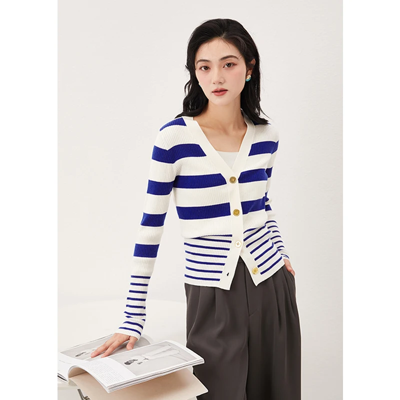 

High-quality Women Cardigan Striped Sweater Women V-Neck Spring/Summer Cropped Cardigan Tops Cardigan Feminino