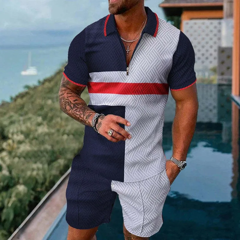 Summer Men's Tracksuit Casual Short Sleeve  Luxury Brand Zipper Polo Set Shirt&Shorts Set for Men Outfit Streetwear 2-piece Suit