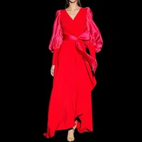 womens dress 2022 new color matching v neck red fashion dress high end lantern sleeve french long dress female