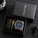 New 3 Pcs Men's Watch Set Personalized Vintage Bracelet Blue Large Dial Leisure Quartz Wristwatch Gift Box Birthday for Husband Other Image