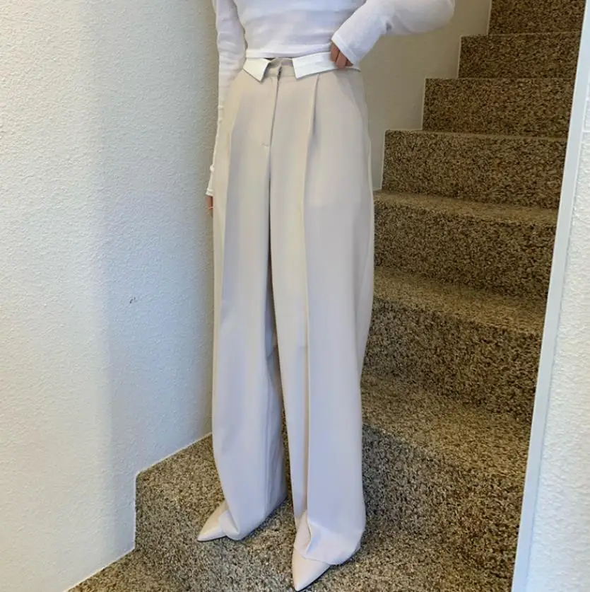 Vintage Fashion High Waist Contrast Color Straight Pants for Women Office lady Full length Wide Leg Pants Women's Trousers Y588