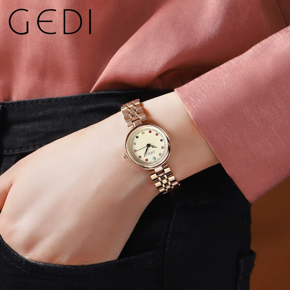 GEDI Waterproof Rose Gold Women Watches Luxury Color-diamond Scale Stainless Steel Strap Fashion Quartz Wrist watches Woman 2023