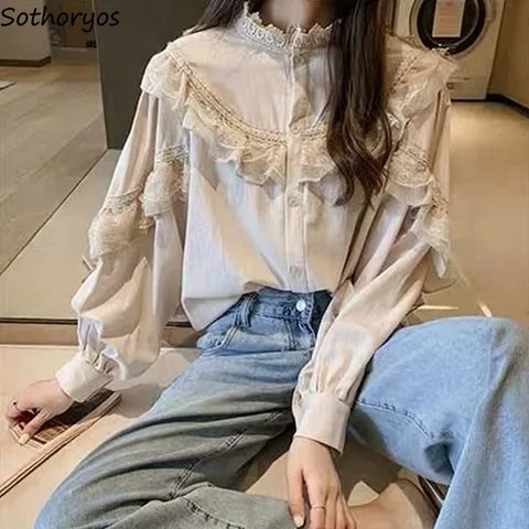 Shirts Women Lace O-neck Female Elegant Tops Lantern Long Sleeve Solid Korean Style Vintage Button Up Fashion Autumn Clothes