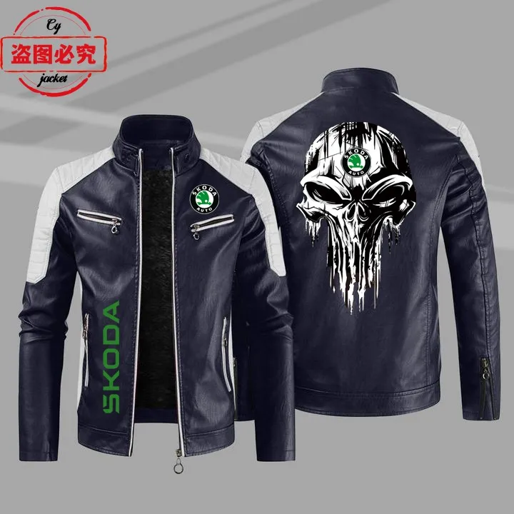 WRC rally Skoda racing car logo pu leather jacket windproof autumn and winter men's skoda
