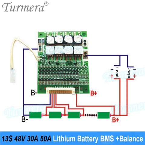 Чехол для аккумулятора Turmera 48 В для электронного велосипеда 13S 30A 50A Balance BMS с держателем 13S8P 18650, разъем постоянного тока XT60, никель для сварки для использования в упаковке своими руками