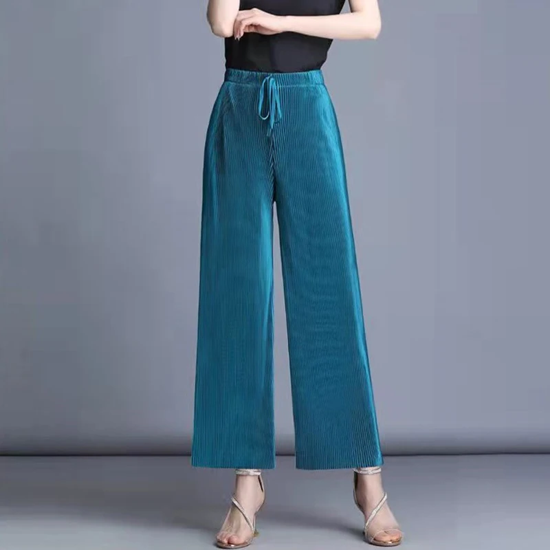

2022 Spring Summer Casual Loose Thin Wide Leg Pants Women Korean Solid Long Trousers Elastic Lace Up Pants Plus Size Sweatpants