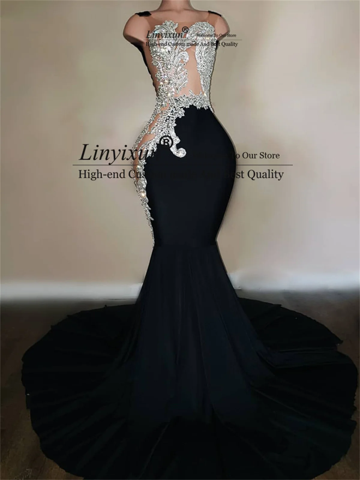 

Long Black Mermaid Prom Dresses 2022 With Silver Appliques Beads Sheer Sleeveless Formal Eevning Gowns Court Train Party Dress
