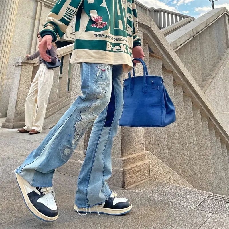 Men Slim Jeans Korean Fashion Splash-ink Casual Pants Blue Trendyol Cargo Trousers Punk Streetwear Man Harajuku Denim Y2k