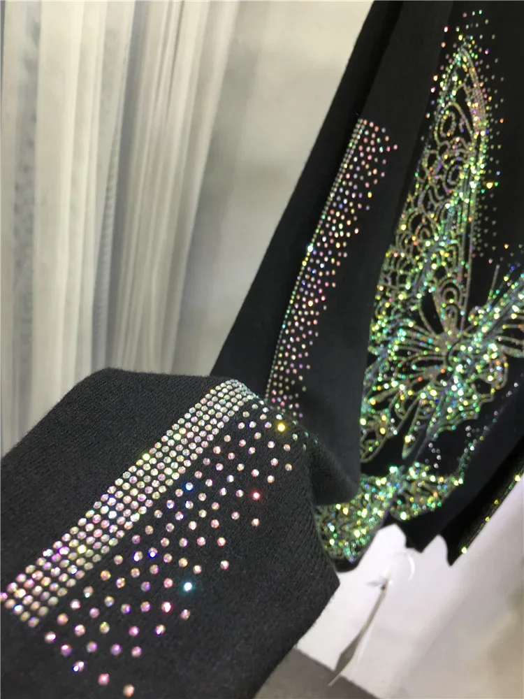 Luxury Shiny Butterfly Hot Drilling Women Sweater All-match Autumn Winter High Collar Pullover Top Elegant Black Knitted Basic