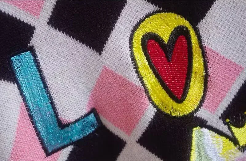 Женский свитер с мультяшной вышивкой пуловеры пышными рукавами и круглым