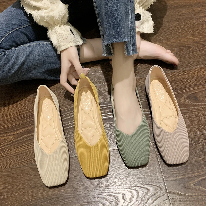 

Shallow Mouth Korean Shoes Knitting Flats Casual Female Sneakers Elegant All-Match Ladies' Footwear Square Toe 2022 Retro Breath