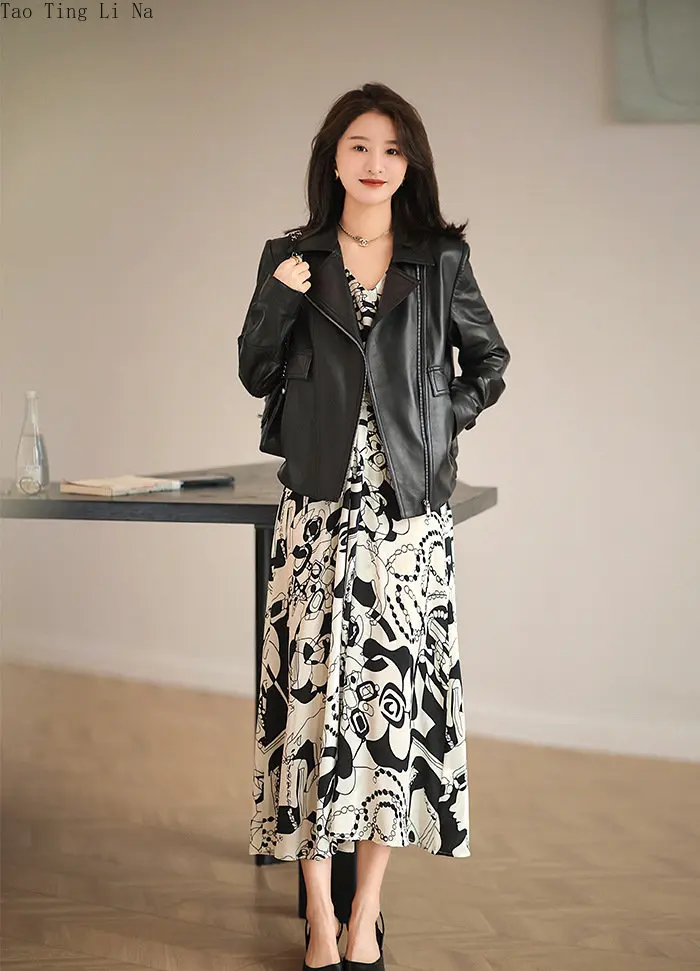 2023 Women New Spring Casual Genuine Sheep Leather Jacket Loose Real Sheepskin Leather Motorcycle Jacket W22