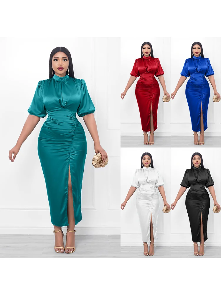 Women's High Neck Tight Dress Elegant High Split Pleated Dress Plus Size Dresses Summer Dress