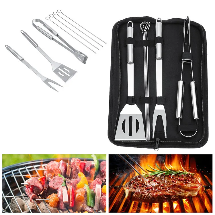 

Stainless Steel BBQ Tools Set spatula fork tongs knife brush skewers Barbecue Grilling Utensil Camping Outdoor Cooking Tool Set