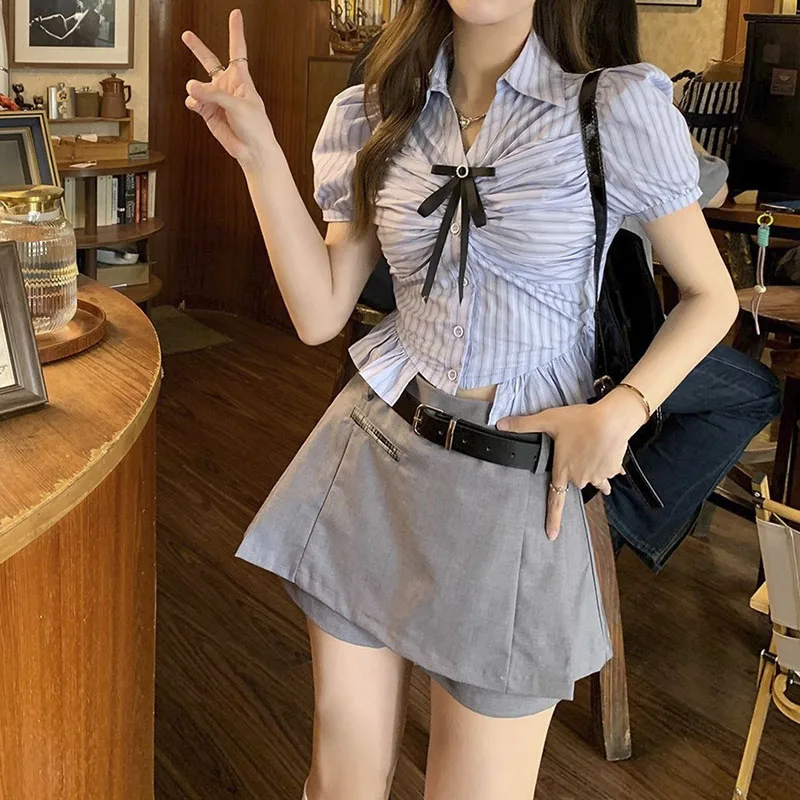

Summer Stripe Shirts For Women Slim Short Sleeve Chic Top Sexy pleated Skirt All-match New Design Clothing