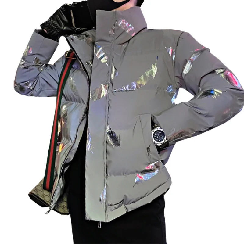 2022 Winter Reflective Print Men Puffer Parkas Thickened Warm Jackets Hiphop Overcoat Casual Social Windproof Coat Men Clothing