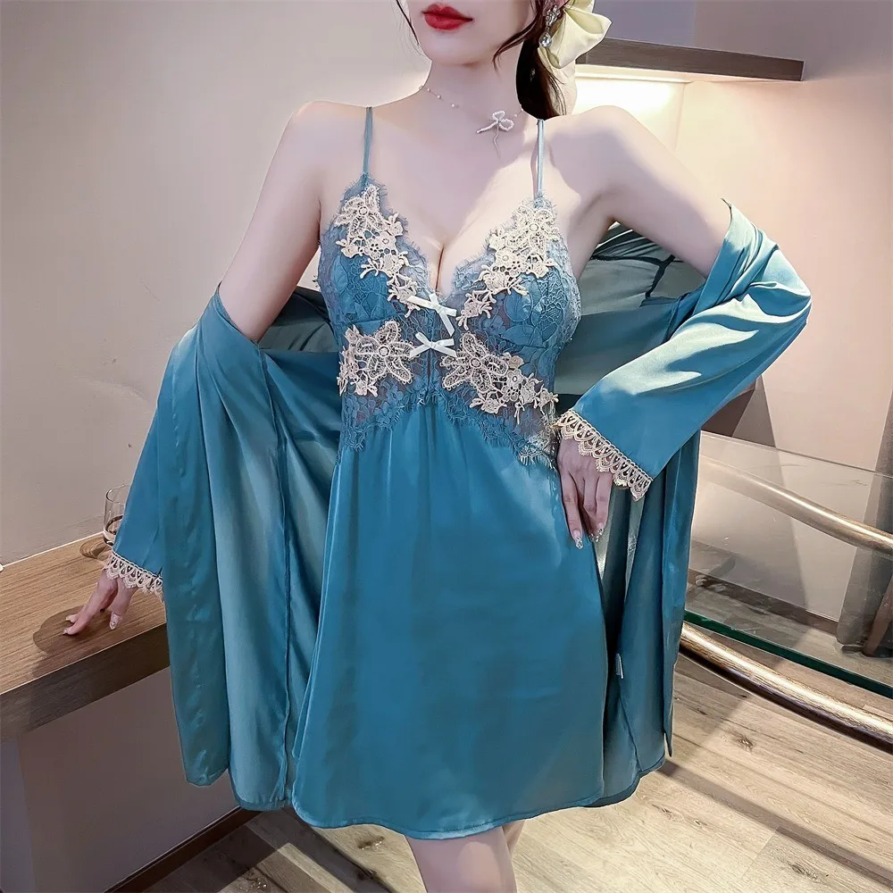 

Халат женский из искусственного шелка, комплект из двух предметов, ночная рубашка на бретелях, кимоно, банная сорочка, пикантный кружевной х...