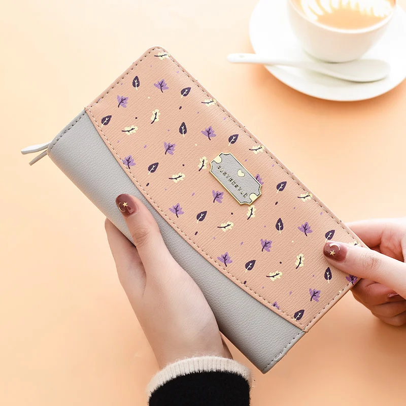 2021 new women's long money car sewing fashion student broken flowers contrast color splicing three fold zero wallet card bag