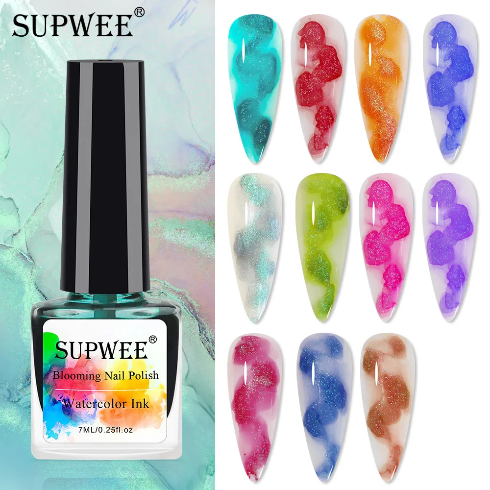 

SUPWEE 12 Colors Glitter Blooming Gel Nail Polish Watercolor Ink 7ml Pearlescent Gel Semi-permanent Soak Off UV/LED Gel Varnish