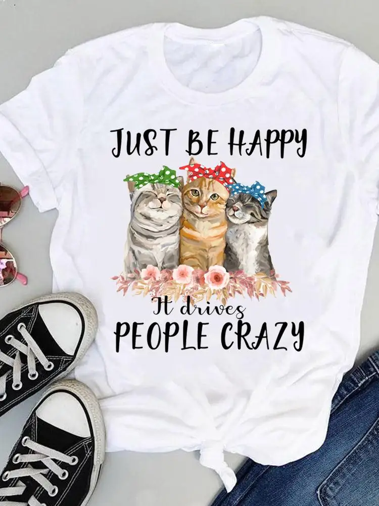 

Футболка женская летняя с коротким рукавом и принтом в виде кошки