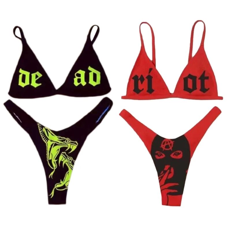 

Punk Skull Print String Swimming Suit for Women Sexy Two Pieces Swimsuit Halter