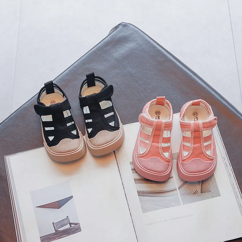 

Boys Hollow Simple Cute Black Sneakers 2022 Summer Breathable Soft Casual Kids Fashion Girls Pink Korean Style Flat Canvas Shoes