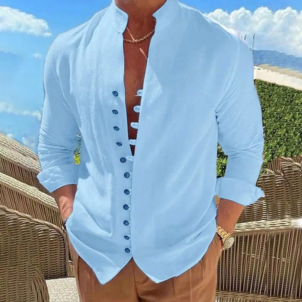 

Summer Men Shirt Long Sleeve Stand Collar Single-breasted Casual Buttons Slim Fit Solid Color Beach Shirt Male Clothes