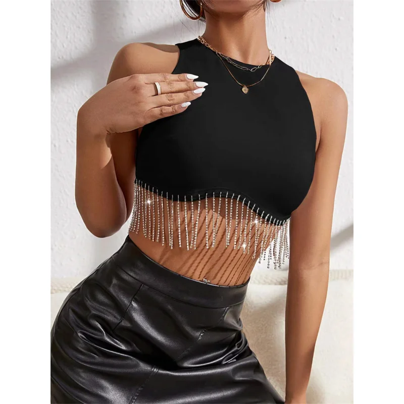 

2023 Rhinestone Tasseled Summer Crop Tops Women Chic Sleeveless Crew Neck Tank Tops Club Party Streetwear Sexy Vest Tops