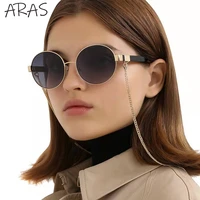 vintage oversized round with chain sunglasses women 2022 luxury brand chic fashion metal frame sun glasses ladies black shades