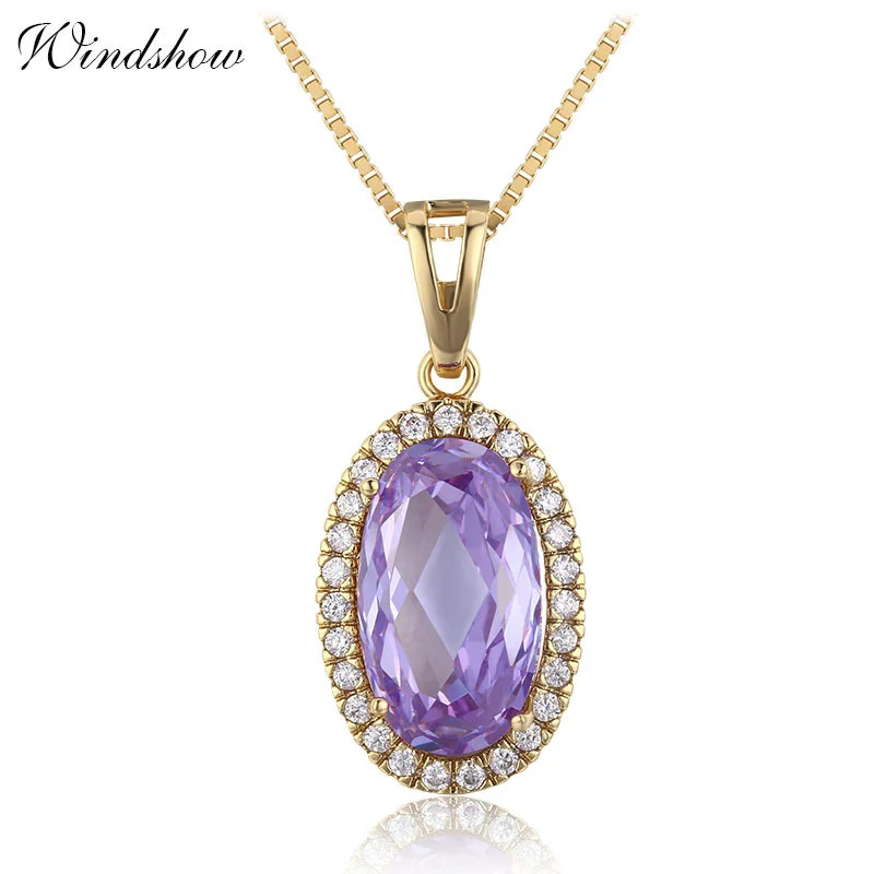 Big Oval Light Purple Violet CZ Accent Suspension Necklaces & Pendants Chain Necklace Women Jewelry Collares pingente kolye