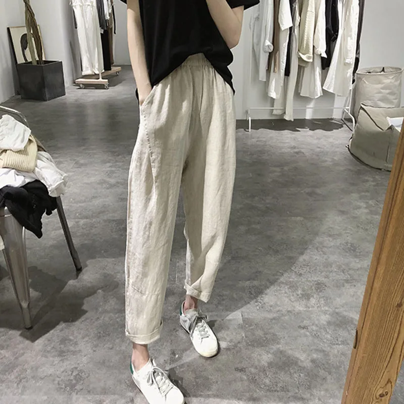 

Linen nine minutes pants women spring summer new high waist loose show thin tight waist wide leg pants haron pants pants